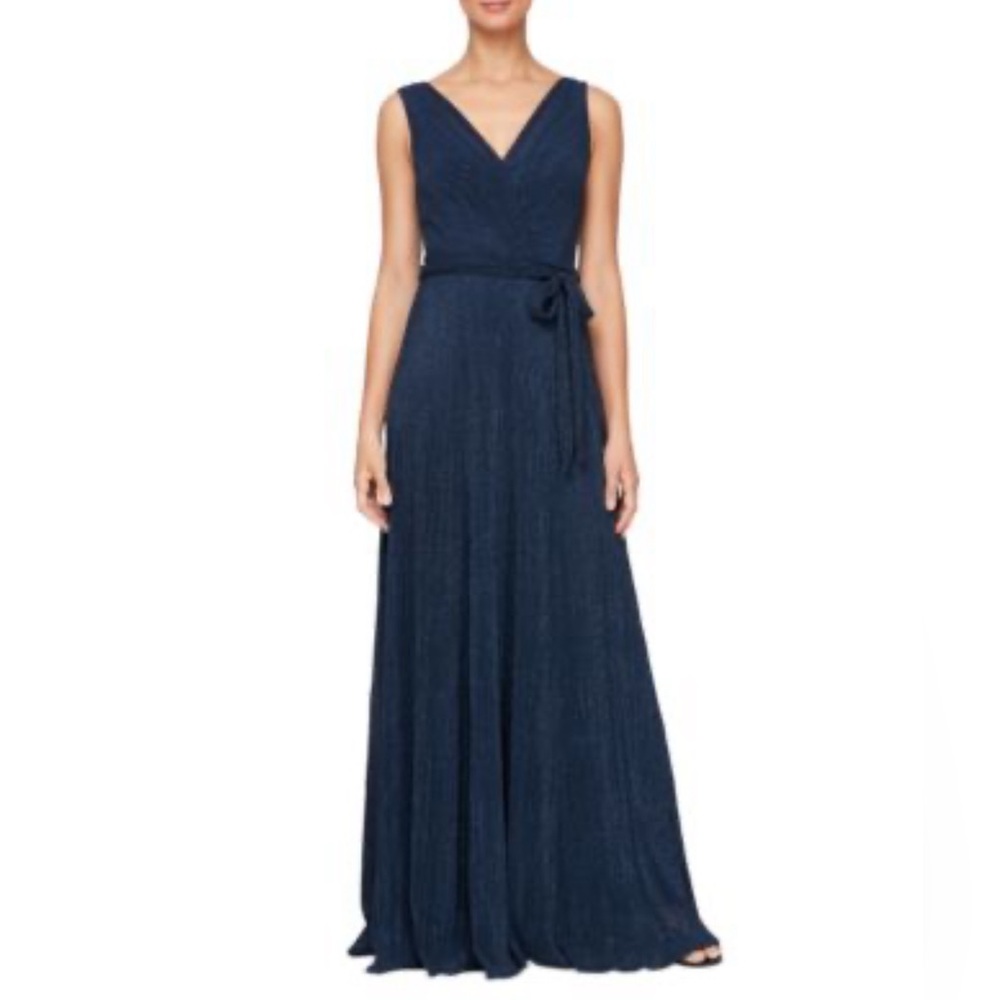 Alex Evenings Women's Sleeveless V-Neck Long A-line Navy Blue Dress Size 8 NWT